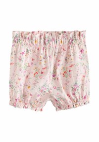 Bloomer fleuris en tissu rose clair, avec une taille smockée et des poignets élastiques. Le design comprend des fleurs multicolores et de petits oiseaux.