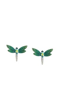Orecchini a forma di libellula verde con ali di cristallo verde scintillanti, un gemma blu centrale e dettagli in tonalità argento con piccoli accenti trasparenti.