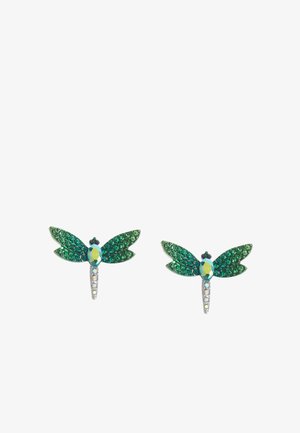 Green dragonfly earrings featuring sparkling green crystal wings, a central blue gem, and silver-tone details with small clear accents.