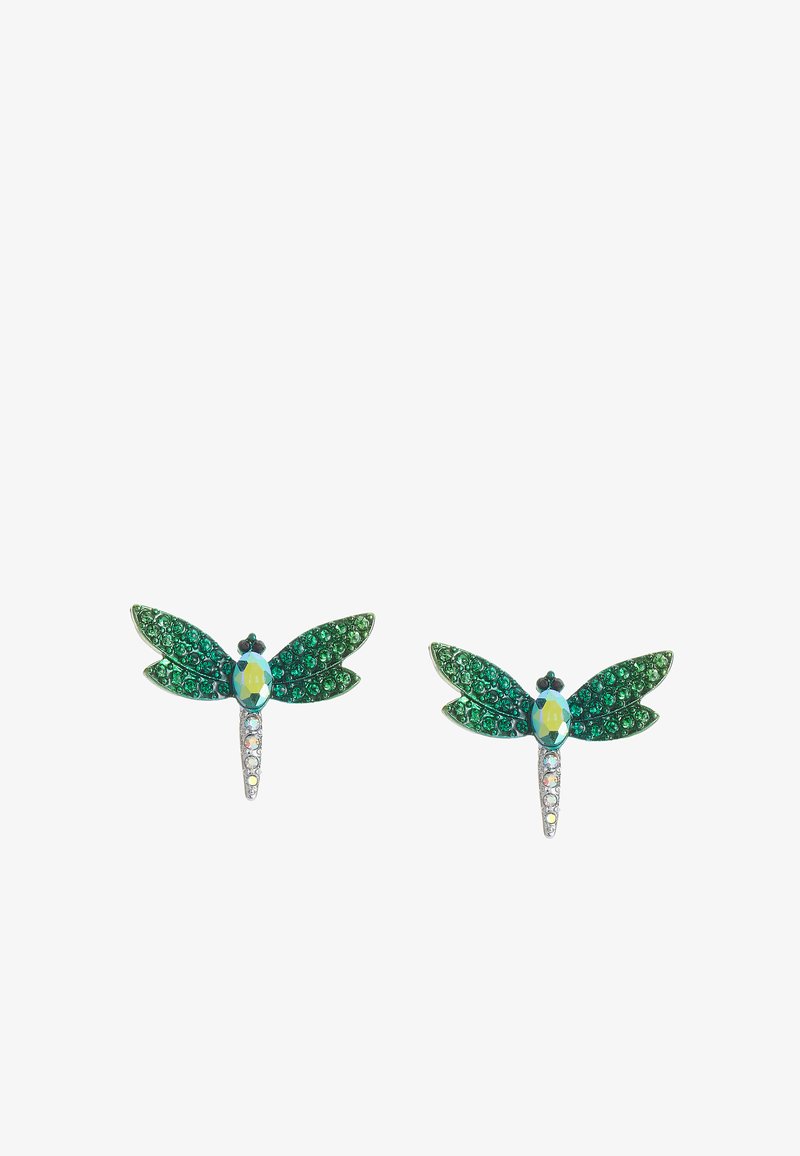 Gröna fjärilsörhängen med glittrande gröna kristallvingar, en central blå ädelsten och detaljer i silverfärg med små klara akcenter.