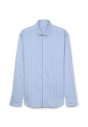 Camicia a maniche lunghe a righe blu chiaro e bianche con colletto classico e chiusura a bottoni. Presenta polsi con lo stesso motivo a righe.
