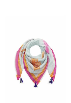 Lichtblauwe driehoekige sjaal met oranje en roze randstrepen, versierd met oranje patronen en marineblauwe kwastjes op elke hoek.