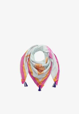 Light blue triangular scarf with orange and pink border stripes, decorated with orange patterns and navy tassels on each corner.