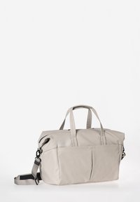 Hellgraue Duffel-Tasche mit doppelten Obergriffen, verstellbarem Schultergurt, zwei Fronttaschen und glattem, wasserabweisendem Material.