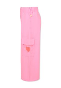 Roze knie-lange rok met een elastische tailleband, voorzien van een zijzak versierd met een geborduurd hartontwerp. Gladde textuur.