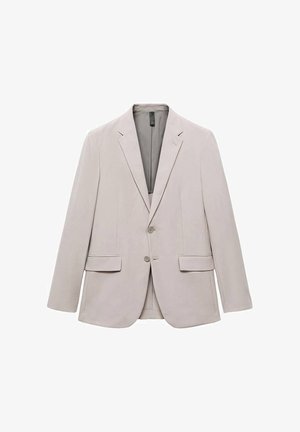 Blazer gris clair avec un col cranté, deux boutons et deux poches à l'avant. Fabriqué à partir d'un tissu doux avec un design simple.