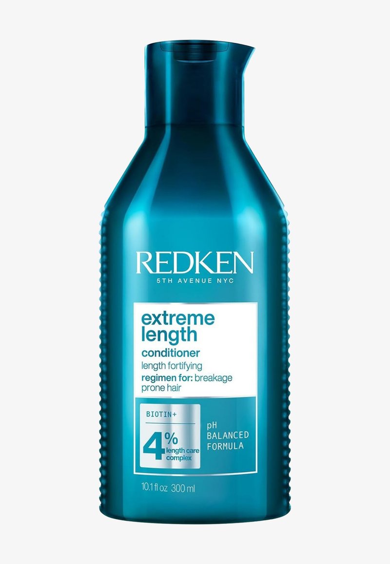 Blaue Flasche Redken Extreme Length Conditioner für bruchanfälliges Haar mit Biotin und pH-ausgewogener Formel, 300 ml Größe.