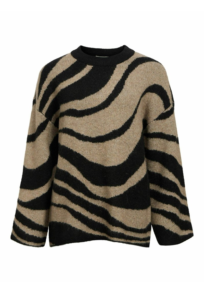 Beige gestrickter Pullover mit schwarzem Tigerstreifenmuster, weiten Ärmeln und rundem Ausschnitt. Weiche Textur, lockere Passform und detailliertes Design.