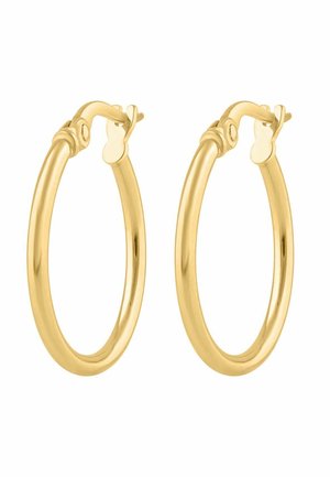 Par medium-størrelse polerede guldøreringe med hængslede låse mod en hvid baggrund.