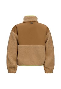Giacca in pile marrone con una parte superiore marrone liscio a contrasto. Caratterizzata da un colletto alto e un'accents verde brillante all'interno. Tessuto spesso e strutturato.