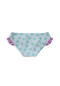 Costumi da bagno inferiori in azzurro chiaro con motivo a conchiglie, caratterizzati da dettagli arricciati viola sui lati. Realizzati in tessuto morbido ed elastico.