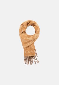 Weiche, gestrickte Schals in goldbraun mit kreisförmigem Muster, das an beiden Enden strukturierte Fransen und hellere kontrastierende Akzente aufweist.