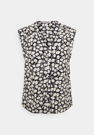 Schwarze ärmellose Bluse mit Blumenmuster, bestehend aus weißen Blumen mit gelben Zentren. Glattes Material, Knopfverschluss an der Vorderseite und einen Kragen.