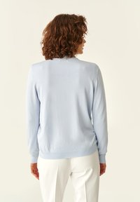 Hellblauer Strickpullover mit langen Ärmeln, gerippten Bündchen und Saum. Weiche Textur, schlichtes Design, keine sichtbaren Muster oder Beschläge.
