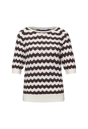 Haut en maille à manches courtes avec motif de rayures ondulées noires et blanches et encolure ronde, confectionné dans un tissu texturé et léger.