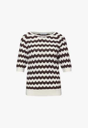 Haut en maille à manches courtes avec motif de rayures ondulées noires et blanches et encolure ronde, confectionné dans un tissu texturé et léger.