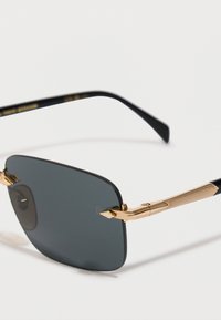 Črne pravokotne sončna očala z zlatimi kovinskimi ročaji in teksturiranimi detajli na belem ozadju.