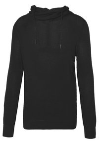 Černá pletená mikina s kapucí v pohodlném střihu, zdobená texturovaným vzorem a šňůrkami u límce. Dlouhé rukávy s žebrovanými manžetami.