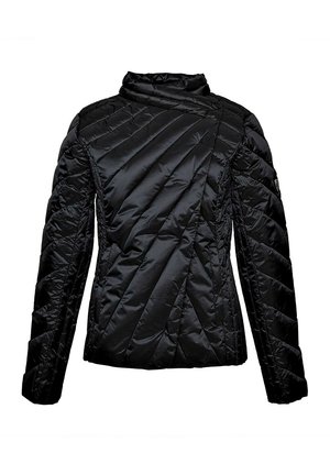 Giacca a vento nera realizzata in tessuto lucido e trapuntato, con colletto alto e design di cuciture diagonali, caratterizzata da una silhouette aderente.