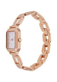 Montre-bracelet en or rose avec un cadran octogonal, un cadran blanc et un bracelet à maillons. Présente des marqueurs d'heure minimalistes et une couronne à poussoir.
