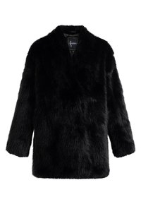 Černý kabát z umělé kožešiny s měkkým, strukturovaným povrchem. Má šálový límec a dlouhé rukávy, navržený s krabicovou siluetou.