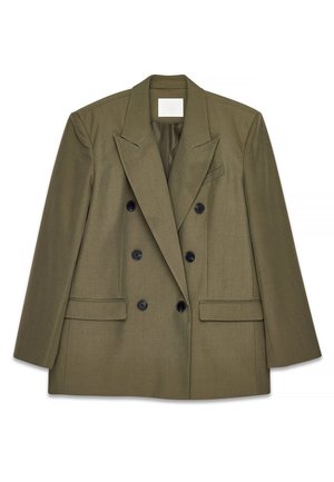 Oliivinvihreä kaksirivinen bleiseri, jossa on sahatut lapelit, mustat napit ja kaksi etutaskua. Tasainen kangas ja jäsennelty muotoilu.