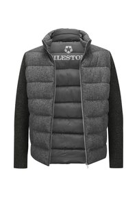 Graue gepolsterte Jacke mit Reißverschluss vorne, Wollärmeln und gestepptem Muster. Benehmen ist ein Logo auf der oberen Vorderseite und ein Hochnacken-Design.