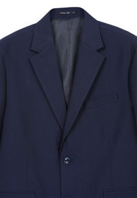 Blazer blu navy con motivo testurizzato, rever a svolazzare, chiusura con un bottone e taschino sul petto. Interno foderato in tessuto liscio.