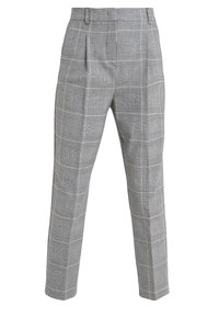 Grijze en witte geruite broek met een maatwerk pasvorm, voorzien van plooien, rechte pijpen en een gladde textuur.