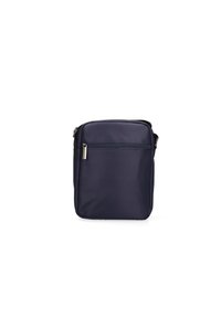 Borsa a tracolla blu navy realizzata in tessuto testurizzato, dotata di una tasca anteriore con zip, tracolla regolabile e forma rettangolare.