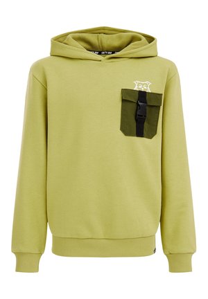 Groene hoodie met een gestructureerde afwerking, een kangoeroezak en een borstzak in donker groen met een zwarte gesp. Ontworpen met een capuchon.
