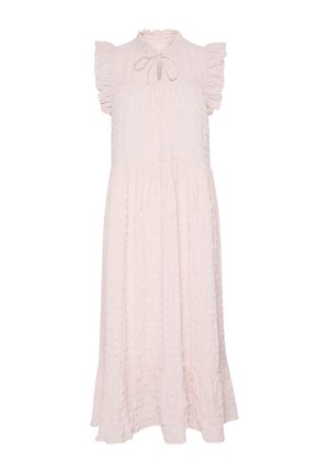 Rochie roz deschis cu un model texturat, mâneci volănaș, gât înalt cu un cordon și o margine fluidă. Fabricată dintr-un material moale.