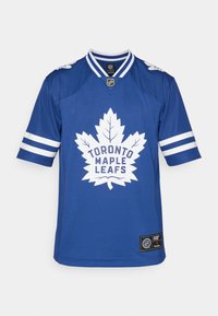 Blå hockeytrøye med et stort hvitt lønneløv-logo og teksten "TORONTO MAPLE LEAFS". Striper på ermene og rund halslinning.