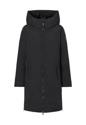 Zwarte geïsoleerde jas met een brede capuchon, een ritssluiting aan de voorkant en twee zijzakken met ritssluitingen. Soepele afwerking en recht silhouet ontwerp.