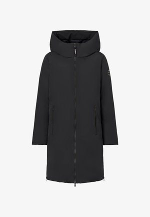 Zwarte geïsoleerde jas met een brede capuchon, een ritssluiting aan de voorkant en twee zijzakken met ritssluitingen. Soepele afwerking en recht silhouet ontwerp.