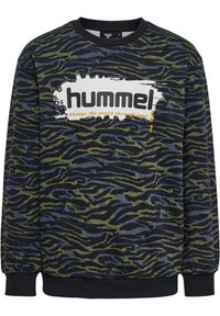 Svart sweatshirt med ett grön- och blårandigt tigermönster. Har en djärv vit logotyp med orange text på framsidan. Ribbad mudd vid ärmar och nederkant.