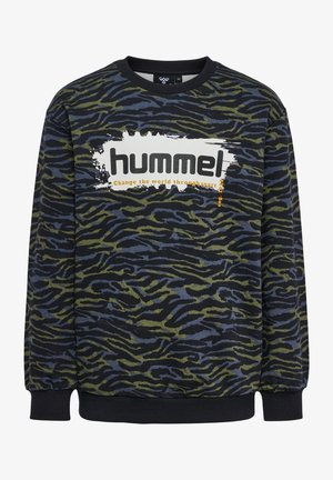 Svart sweatshirt med ett grön- och blårandigt tigermönster. Har en djärv vit logotyp med orange text på framsidan. Ribbad mudd vid ärmar och nederkant.