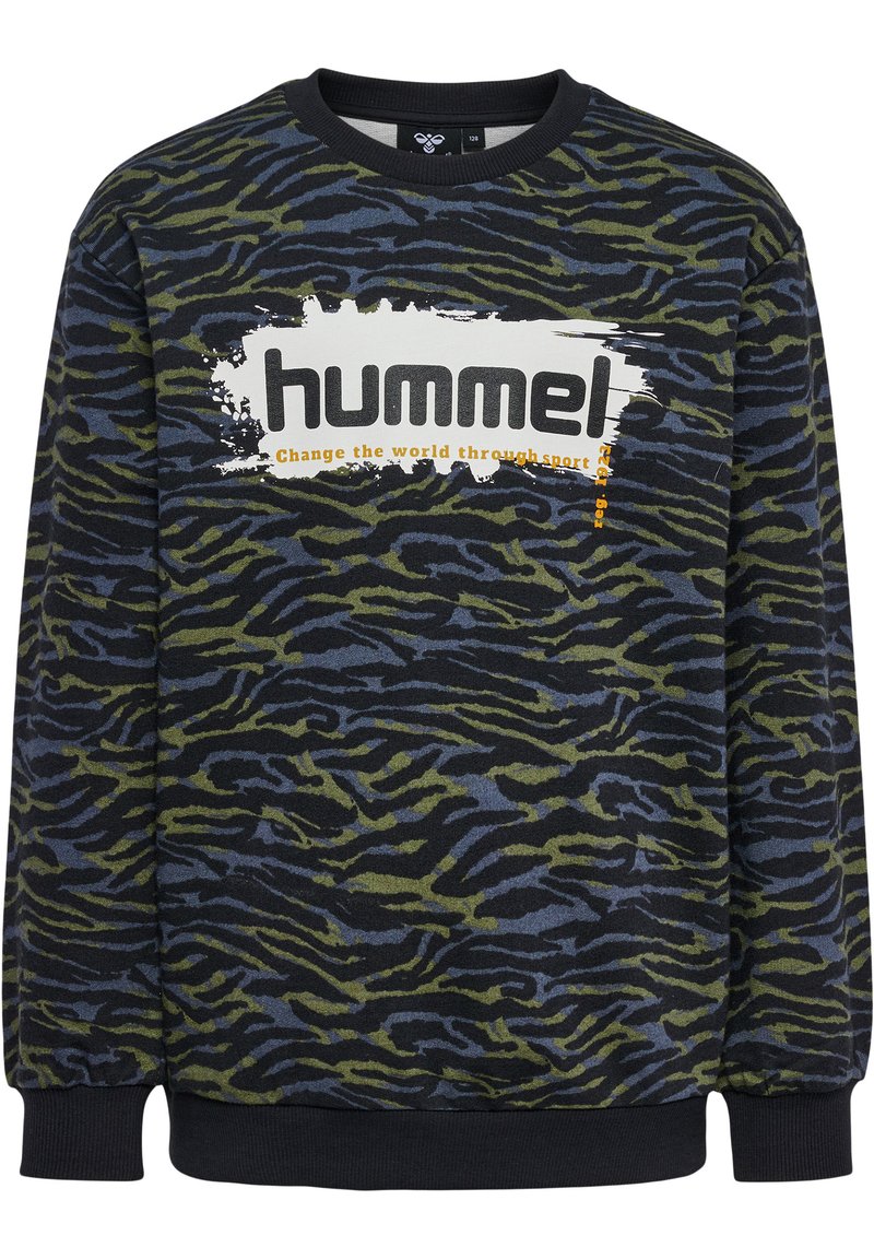 Svart sweatshirt med ett grön- och blårandigt tigermönster. Har en djärv vit logotyp med orange text på framsidan. Ribbad mudd vid ärmar och nederkant.