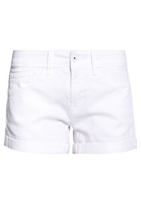 Pantalones cortos de mezclilla blanca con un corte clásico, bajos doblados, bolsillos delanteros y cierre de botón y cremallera. Textura suave y material resistente.