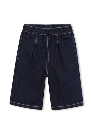 Shorts in denim di colore blu scuro, con una cintura elastica, due tasche frontali e cuciture chiare a contrasto.
