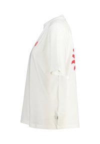 White cotton t-shirt with short sleeves. Features a red sun graphic on the chest and red curved pattern on the back. Classic fit design.