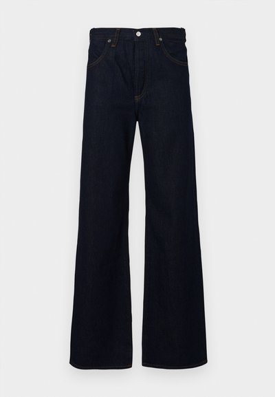 Σκούρο μπλε τζιν παντελόνι με φαρδύ πόδι και ψηλή μέση, με αντίθετο ραφτό, θηλιές ζώνης και σχέδιο πέντε τσεπών.