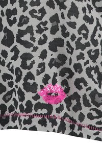 Leopard print fabric in gray and black with a pink sequined lip detail. Features a visible stitch line in pink at the hem.