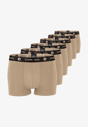 Boxer briefs beige con una cintura elastica nera che presenta la scritta "STARK SOUL." Sette paia esposti in fila. Tessuto morbido e design aderente.