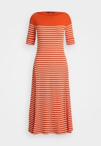 Raidallinen mekko, jossa on pyöreä pääntie, lyhyet hihat ja virtaava hame. Siinä on oransseja ja valkoisia raitoja, ja se on valmistettu pehmeästä ja joustavasta kankaasta.