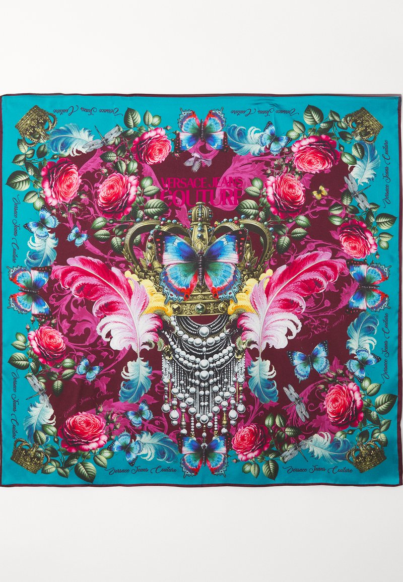 Seidenschal mit einem lebhaften Aqua- und tiefburgunderfarbenen Design, das florale Muster, Schmetterlinge und ein zentrales Kronenmotiv zeigt.