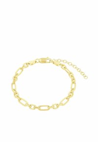 Bracciale in oro con anelli ovoidali allungati e una chiusura a moschettone sicura, dotato di una catena di estensione regolabile per una versatilità nella misura.