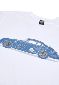 White cotton t-shirt featuring a blue graphic of a classic car, detailed with wheels, logos, and accents in a retro design.