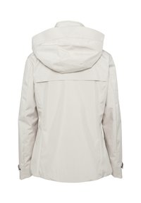 Veste imperméable beige clair avec capuche, présentant une texture lisse et des coutures détaillées. La vue de dos montre des manches longues et une coupe droite.