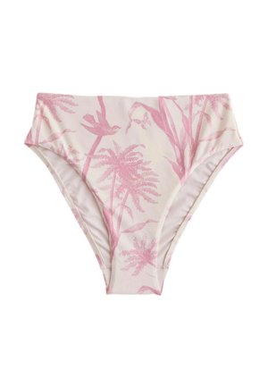 High-waisted bikini bottoms in light pink with a darker pink tropical pattern of birds, palm trees, and foliage on a white background.